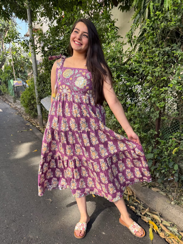 Onion Pink Floral Bow-Strap Gather Dress