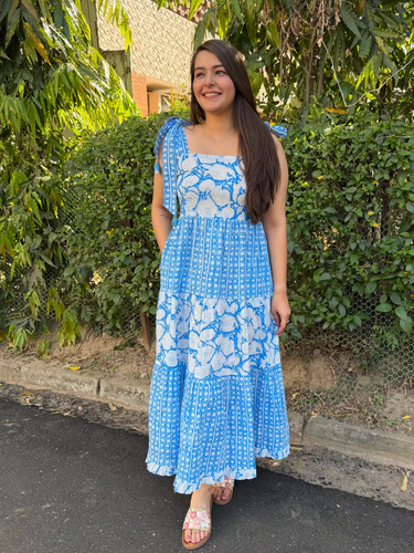 Blue Bow-Strap Gather Dress