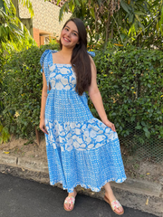 Blue Bow-Strap Gather Dress