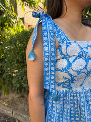 Blue Bow-Strap Gather Dress