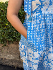 Blue Bow-Strap Gather Dress
