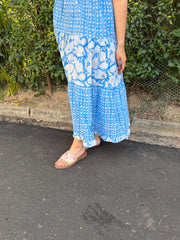 Blue Bow-Strap Gather Dress