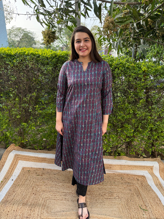 Geometric printed Ban neck A line kurta