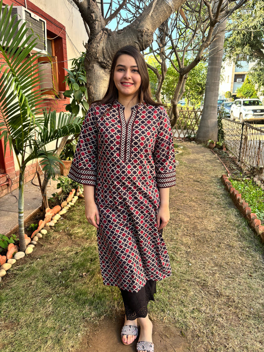Maroon mosaic ajrakh kurta (umbrella sleeve)