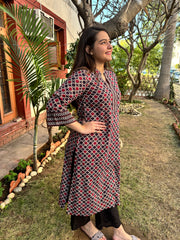 Maroon mosaic ajrakh kurta (umbrella sleeve)