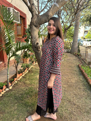 Maroon mosaic ajrakh kurta (umbrella sleeve)