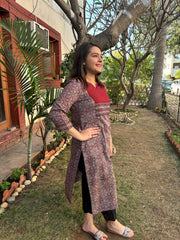 Maroon kantha yoke amber kurta