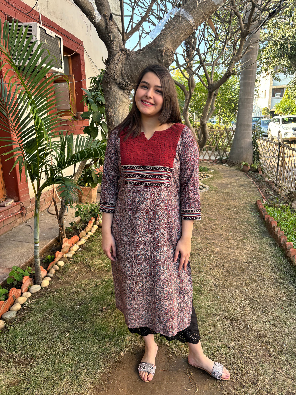 Maroon kantha yoke amber kurta