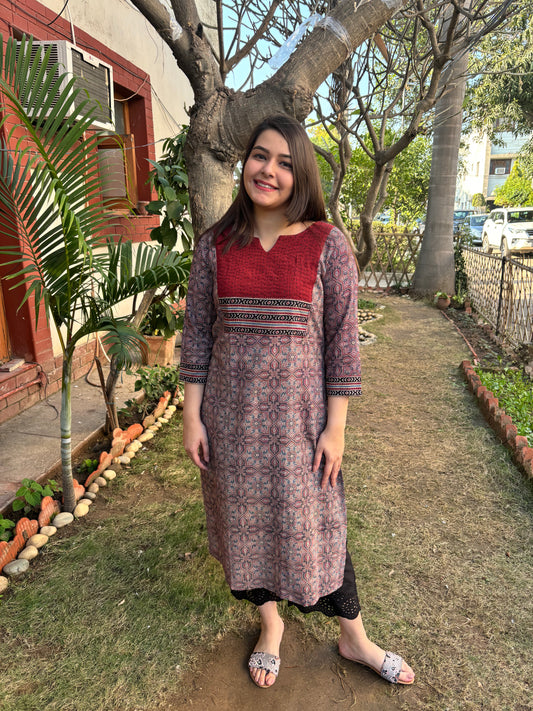 Maroon kantha yoke amber kurta