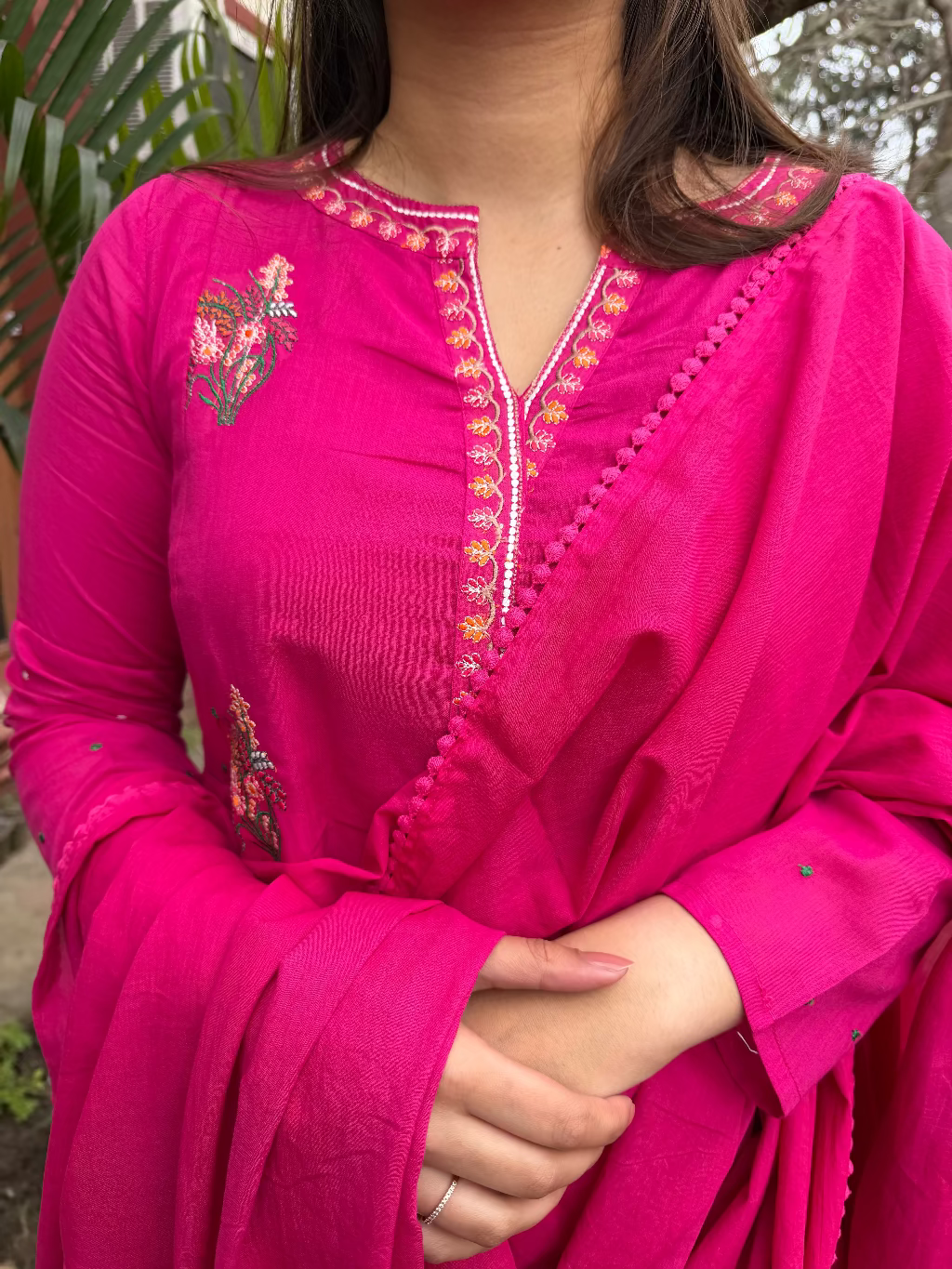 Magenta Embroidered Full Suit Set close up by MySanskritam