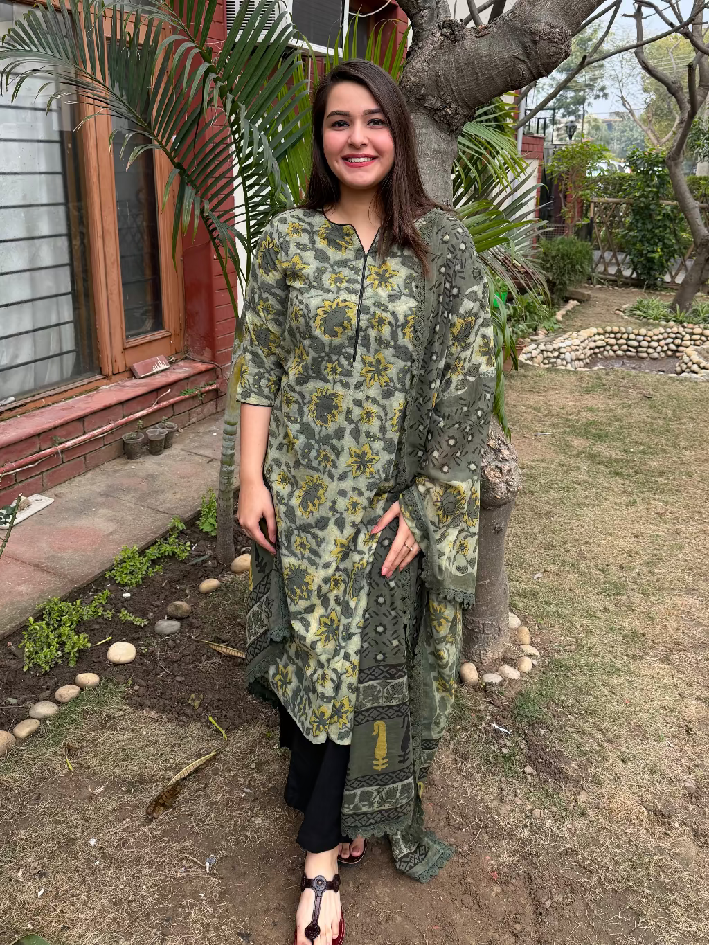Leaf Green Bagru Full Suit Set by MySanskritam