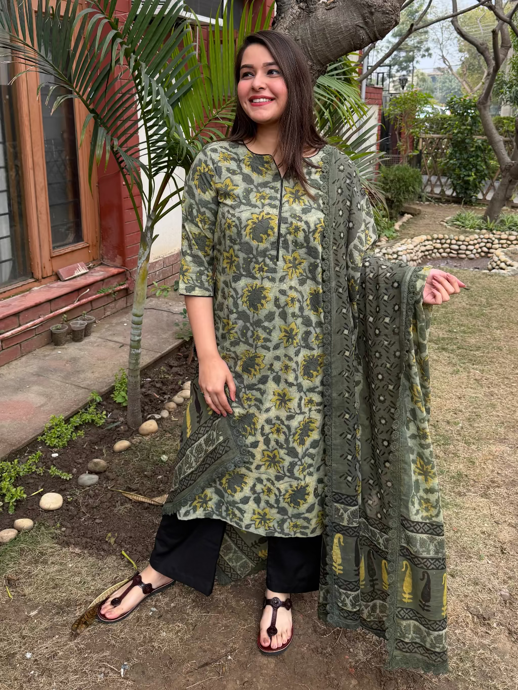 Leaf Green Bagru Full Suit Set by MySanskritam
