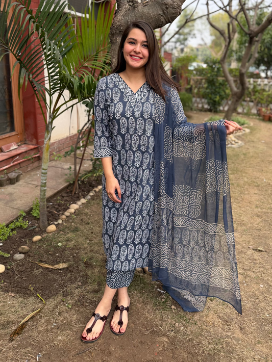 Indigo Ambi Handblock suit set by MySanskritam