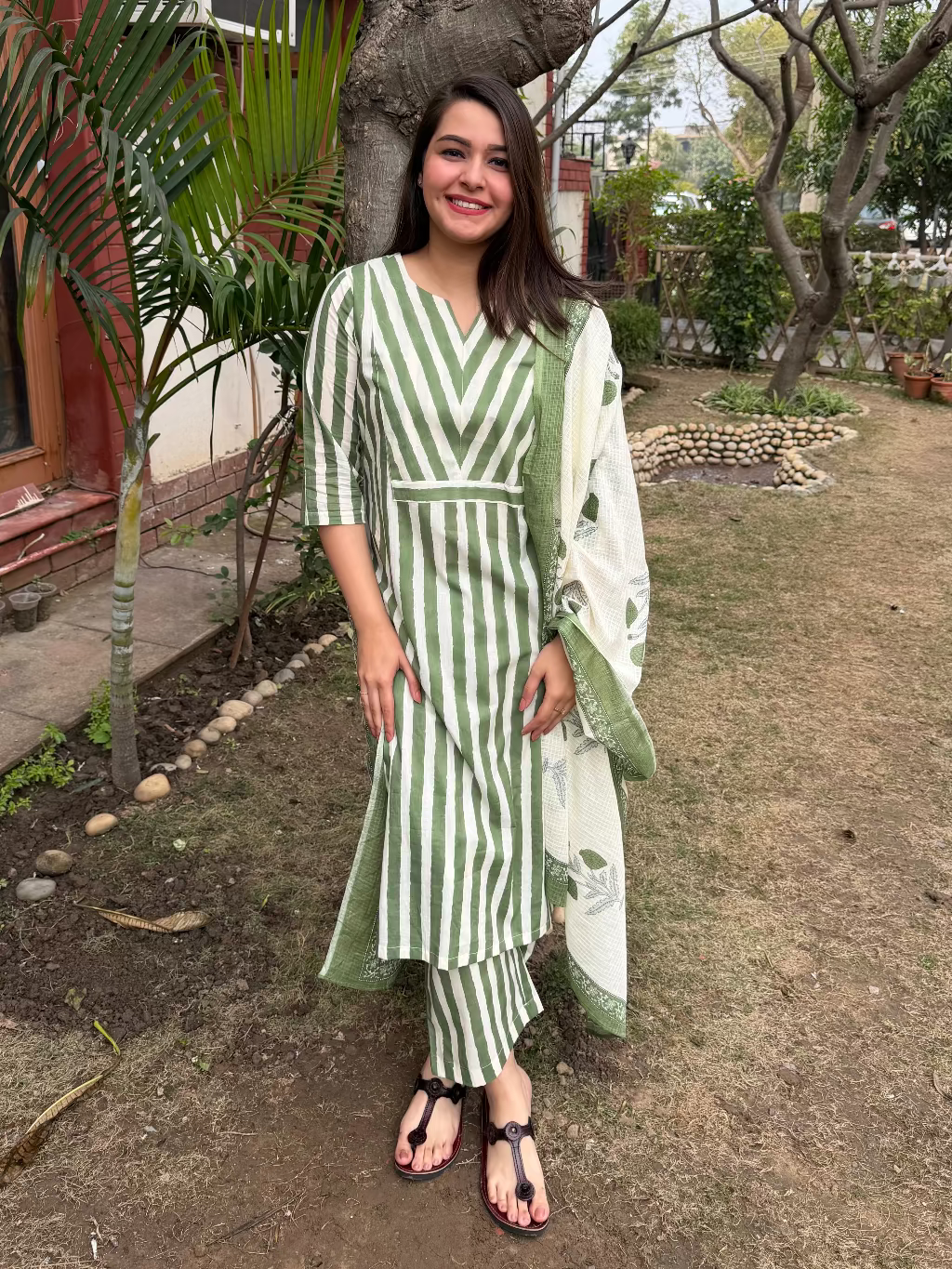 Light Green Stripe Suits Set with Mulmul Duppata