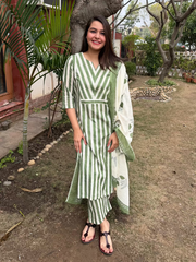 Light Green Stripe Suits Set with Mulmul Duppata