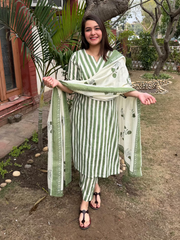 Light Green Stripe Suits Set with Mulmul Duppata