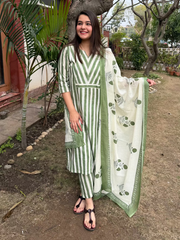 Light Green Stripe Suits Set with Mulmul Duppata