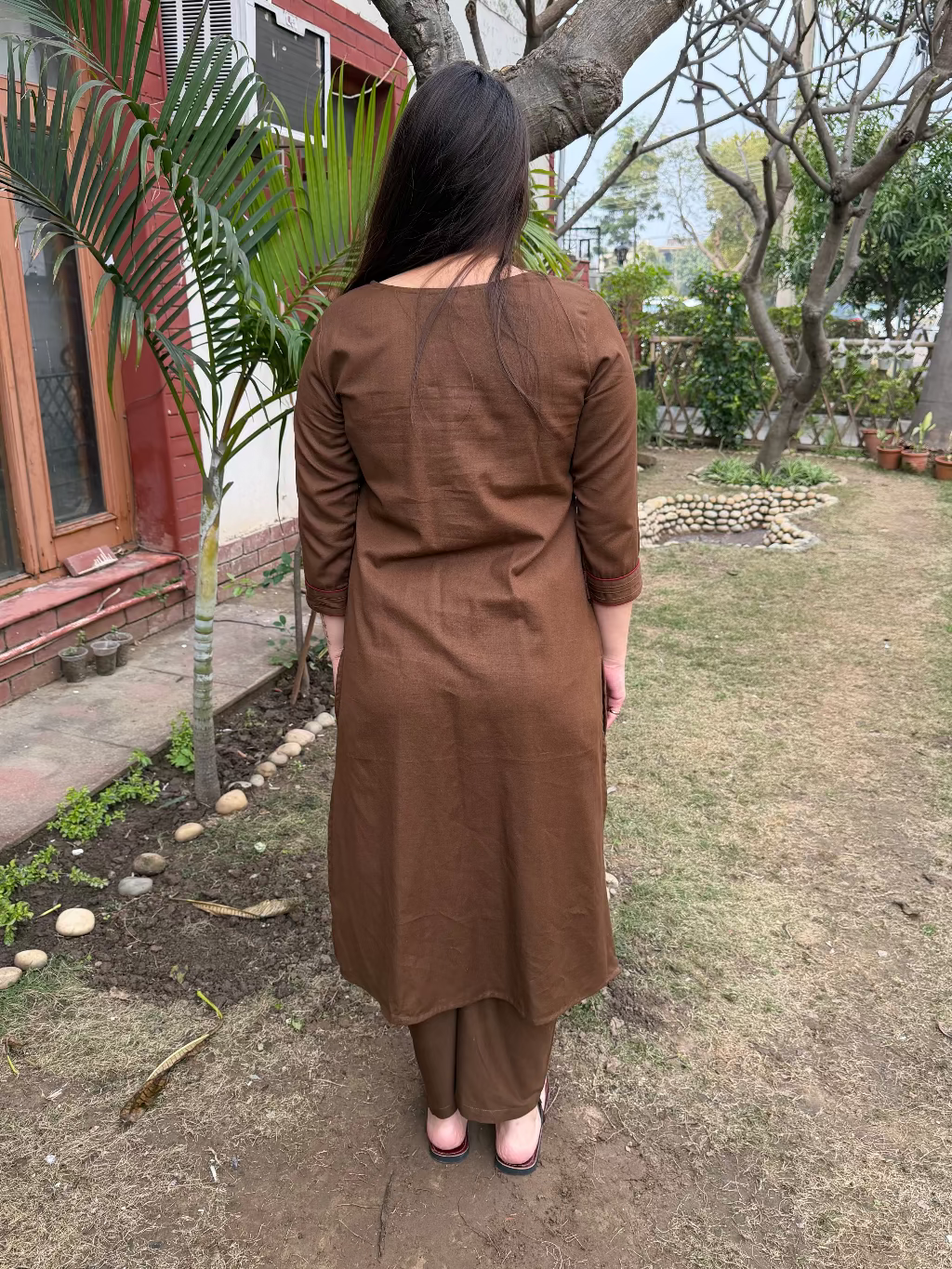 Brown Pintucks Co-ord Set from the back by MySanskritam