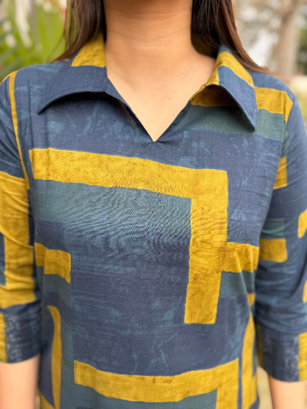 Blue Collar Geometric Coord Set close up  by MySanskritam