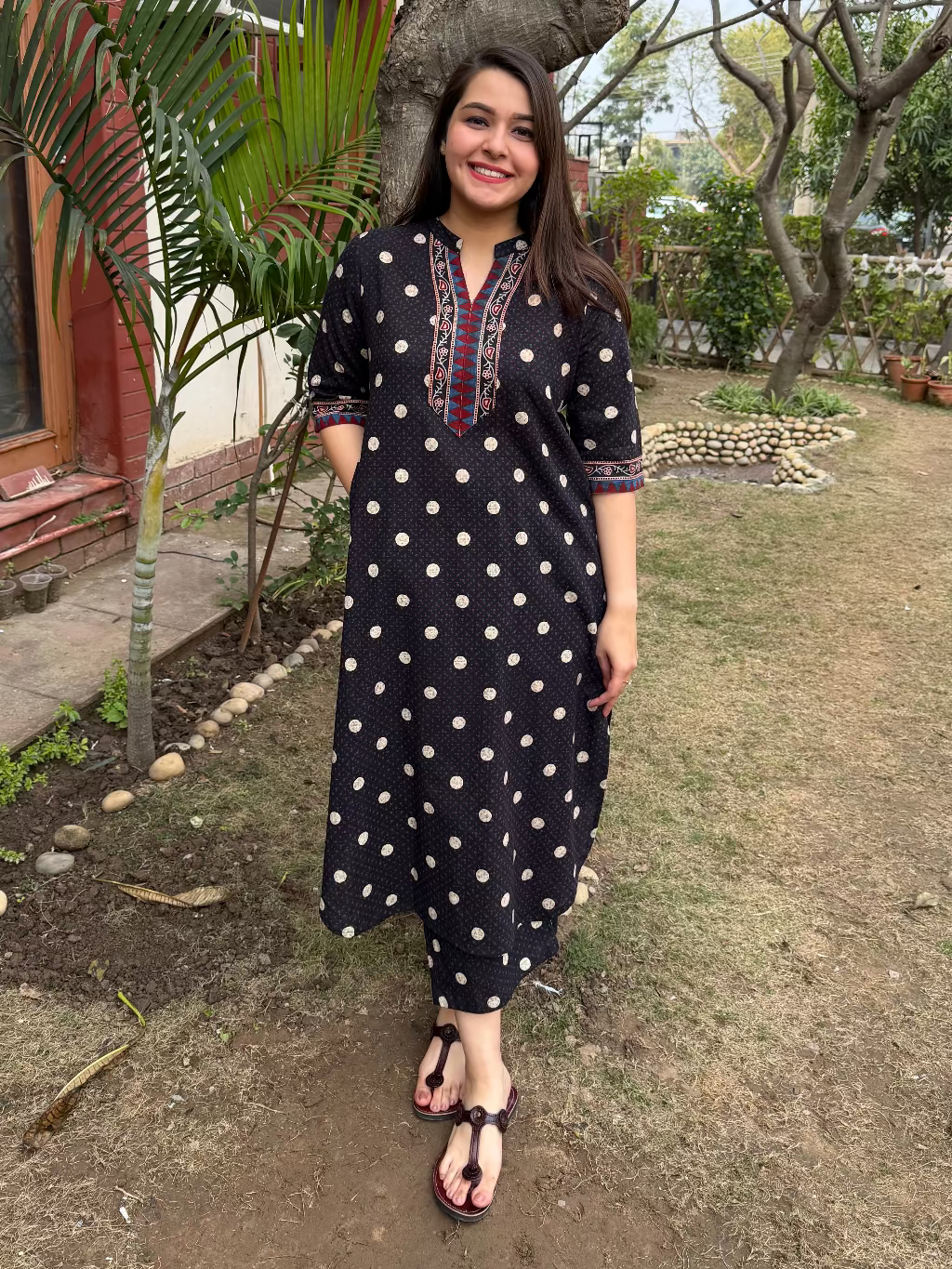 Black polka dots Ajrakh Co-ord Set by MySanskritam
