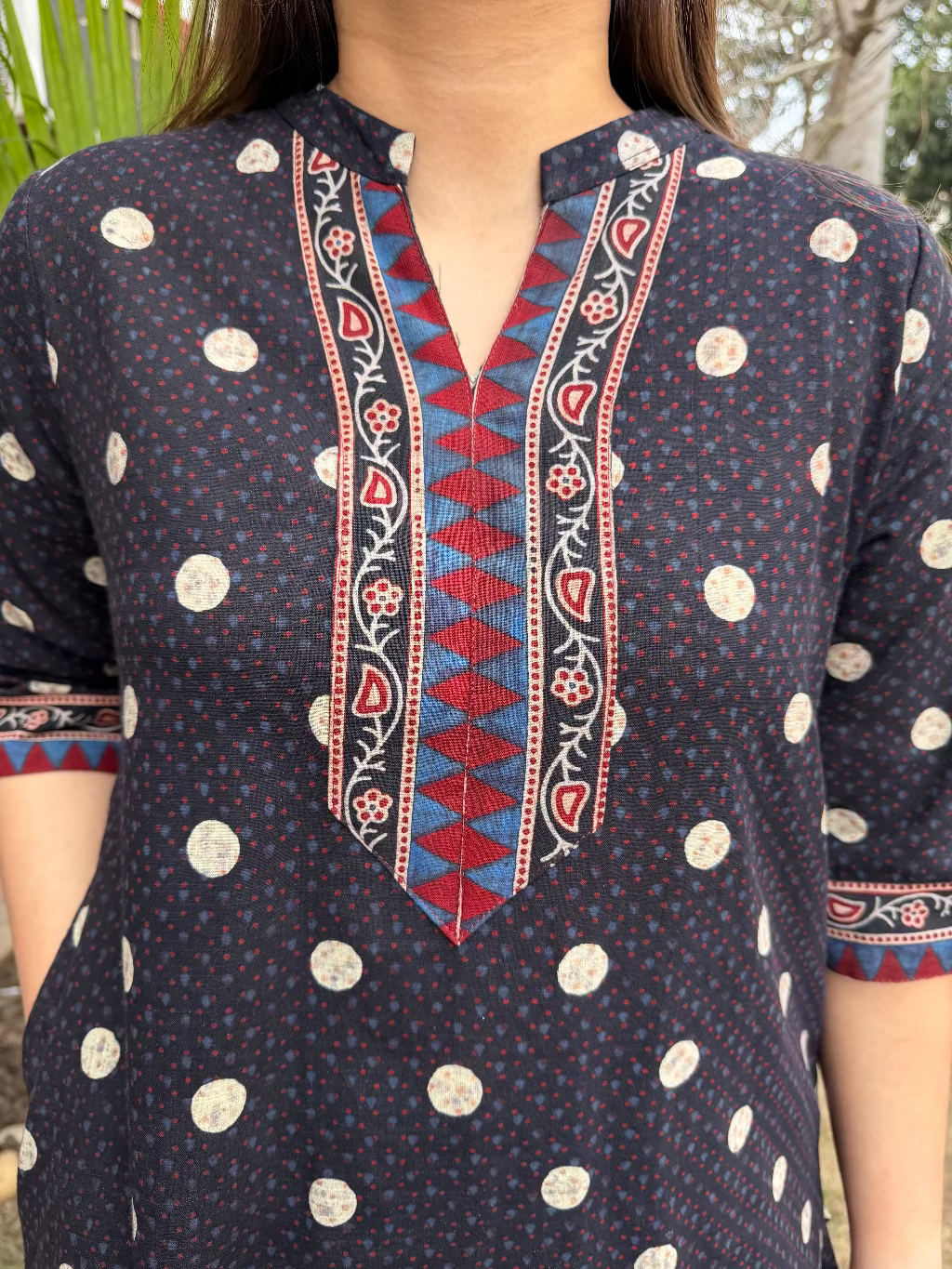 Black polka dots Ajrakh Co-ord Set up close by MySanskritam