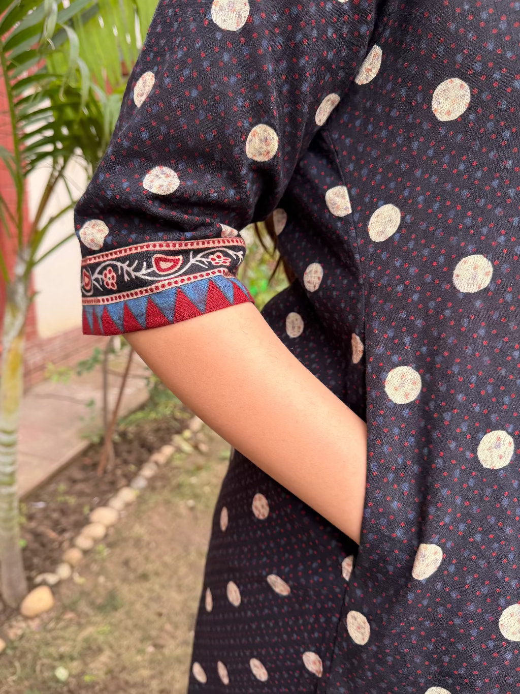 Black polka dots Ajrakh Co-ord Set up close by MySanskritam