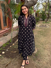 Black polka dots Ajrakh Co-ord Set by MySanskritam