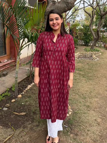 Maroon Side Gather Ikkat Kurta