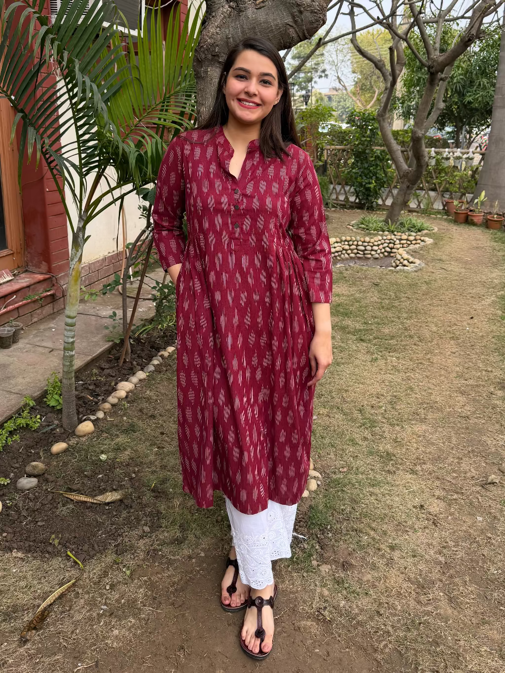 Maroon Side Gather Ikkat Kurta by MySanskritam