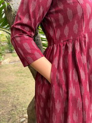Maroon Side Gather Ikkat Kurta up close by MySanskritam