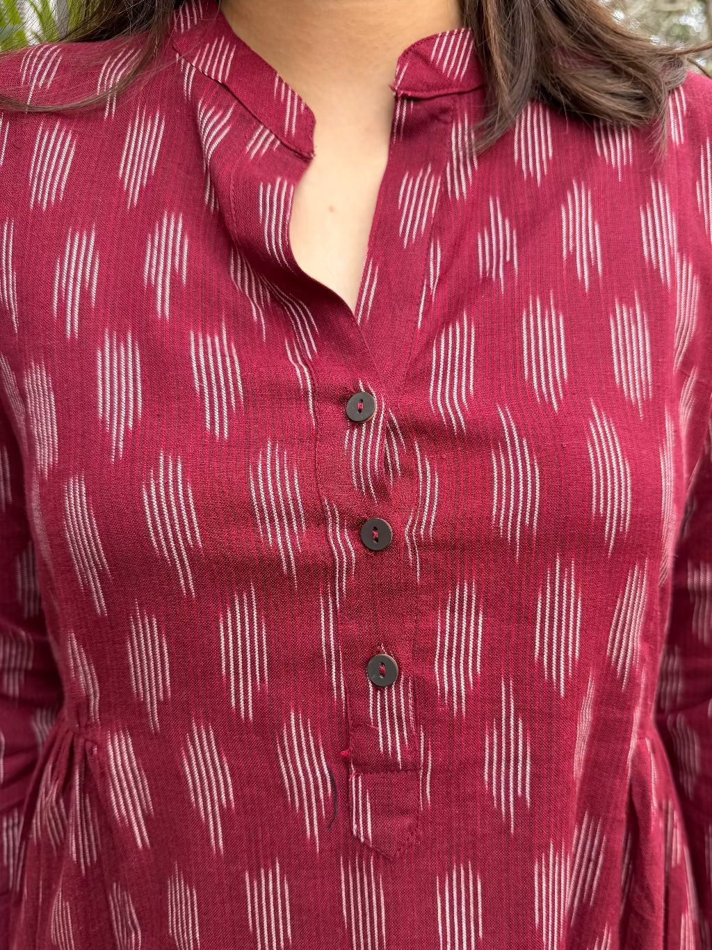 Maroon Side Gather Ikkat Kurta up close by MySanskritam