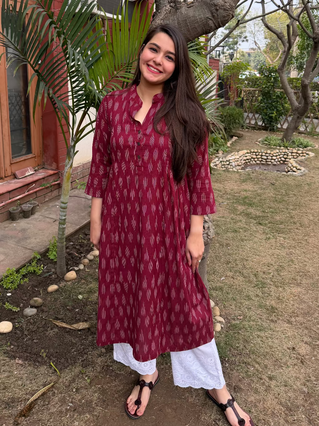 Maroon Side Gather Ikkat Kurta by MySanskritam