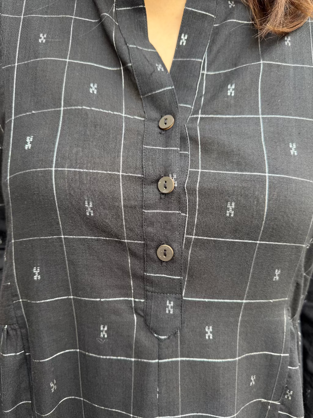 Black Checks Side Gather Kurta button Detail by MySanskritam