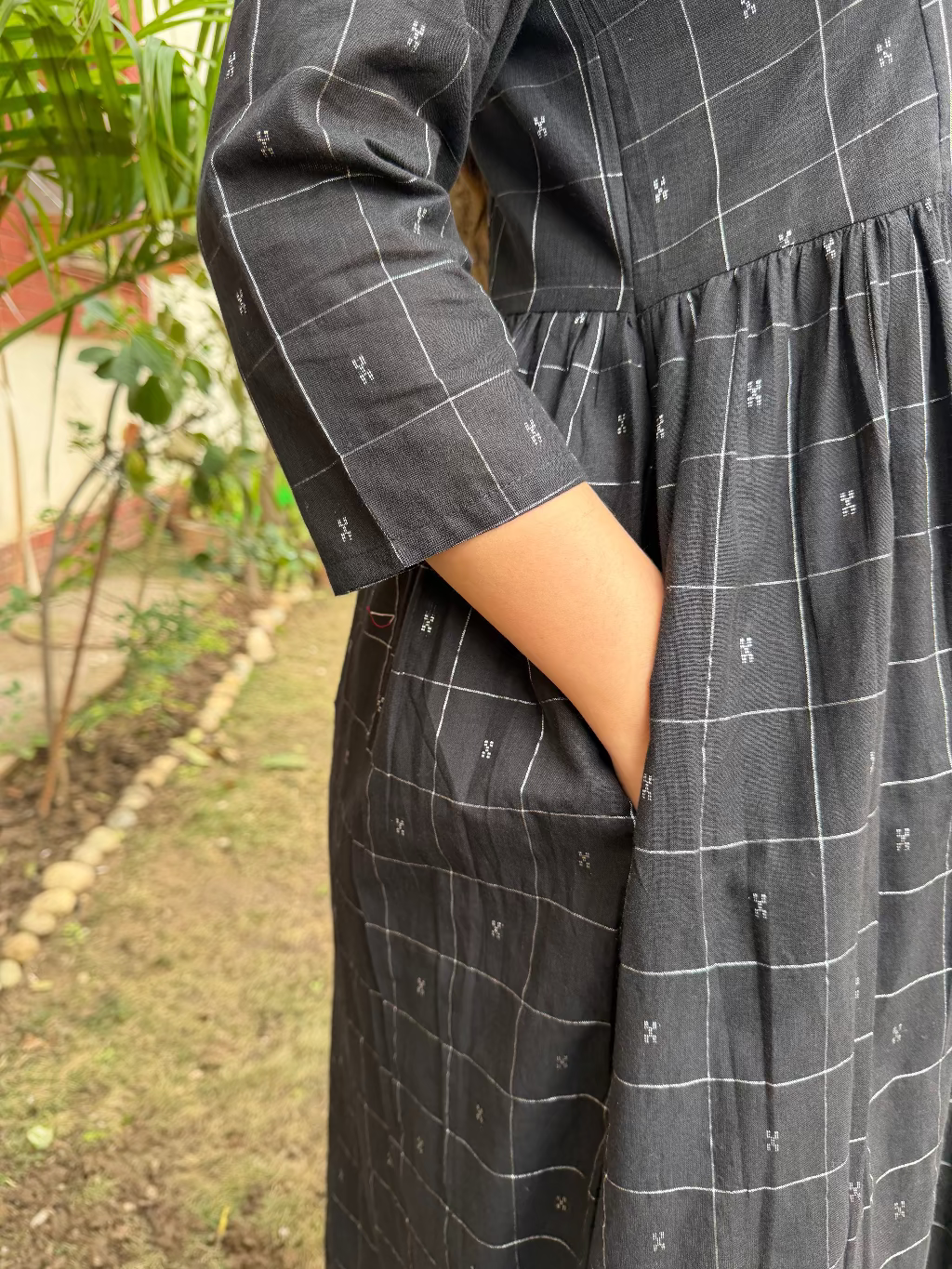 Black Checks Side Gather Kurta close up by MySanskritam