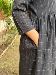 Black Checks Side Gather Kurta close up by MySanskritam