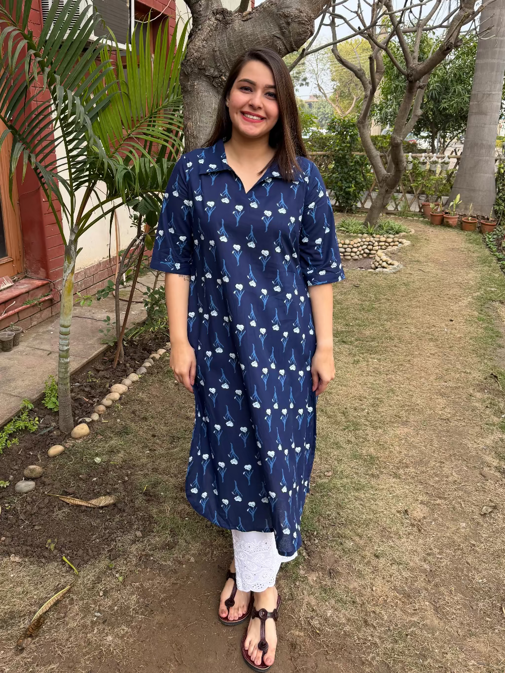 Ink Blue Flower Kurta with pocket