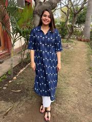 Ink Blue Flower Kurta with pocket