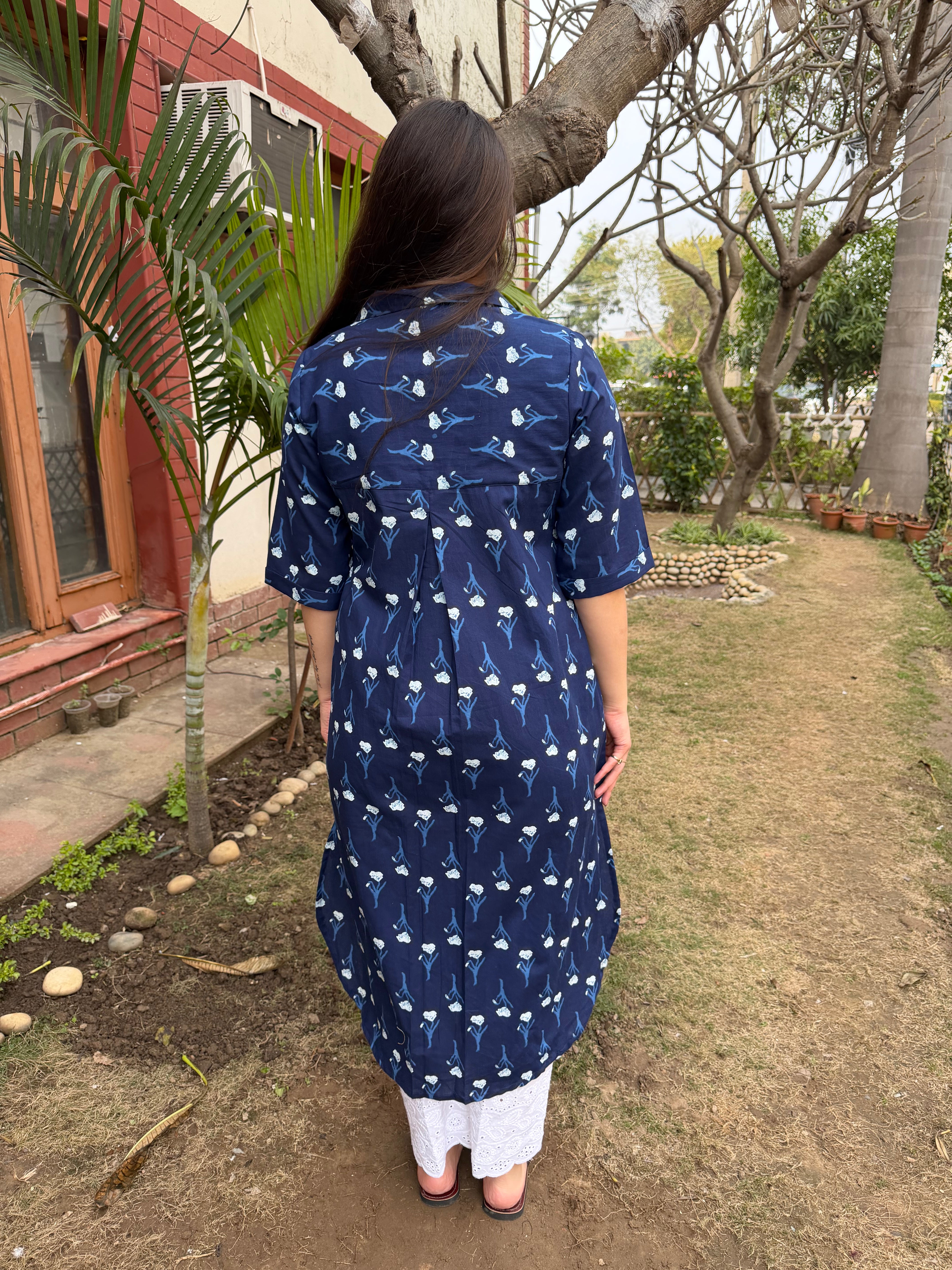 Ink Blue Flower Kurta fromm the back By MySanskritam