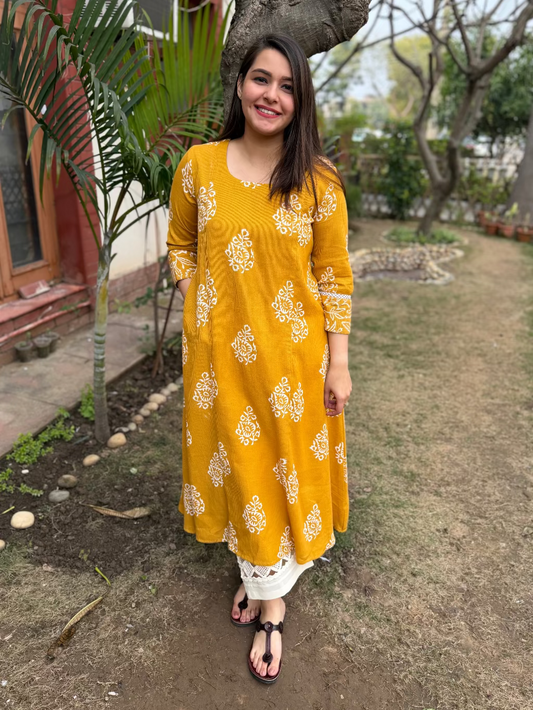 Mustard Textured Aline Kurta by MySanskritam