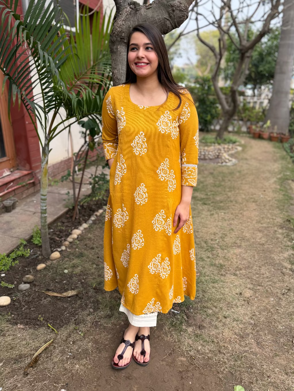 Mustard Textured Aline Kurta by MySanskritam
