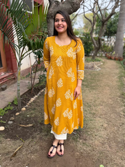 Mustard Textured Aline Kurta by MySanskritam
