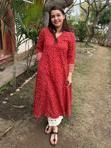 Rust Bandhini Textured Aline Kurta