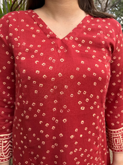 Rust Bandhini Textured Aline Kurta up close by MySanskritam