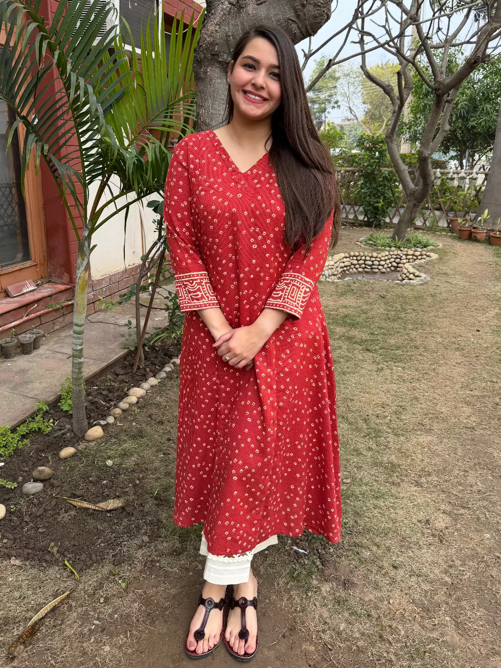 Rust Bandhini Textured Aline Kurta by MySanskritam