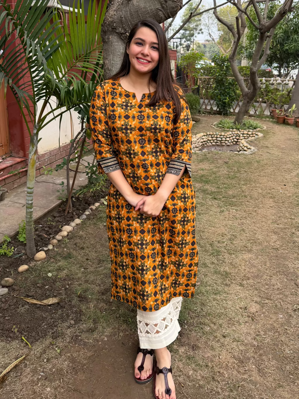 Mustard Floral Printed Kurta by MySanskritam