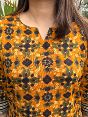 Mustard Floral Printed Kurta close up by MySanskritam
