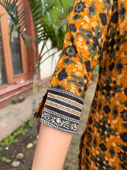 Mustard Floral Printed Kurta sleeve detailing by MySanskritam