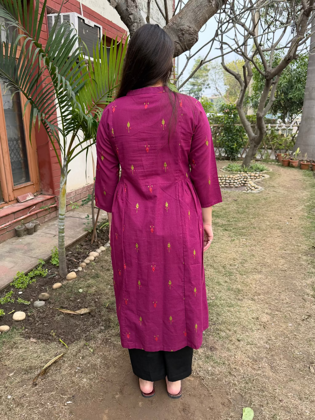 Burgundy Kurta with side gather from back by MySanskritam