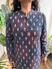 Blue Handblock Leaf Ajrakh print kurti