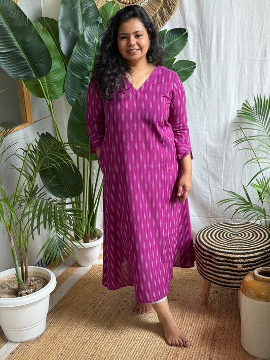 Dark Magenta ikkat A-line kurta with pocket